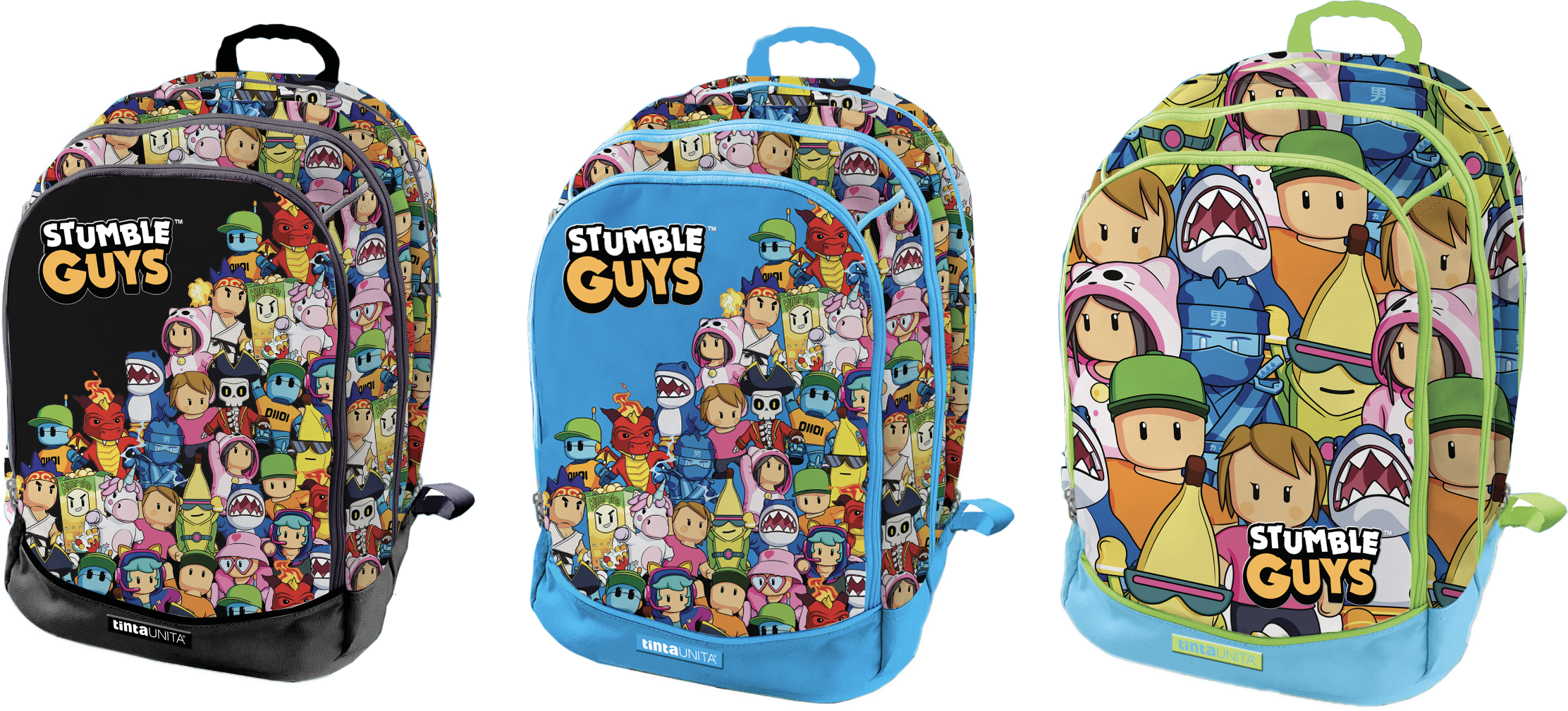 PRESTIGE & DELUXE Zaino Scuola Stumble Guys Azzurro Tondo 3 Scomparti Con Badge - Tinta Unita Pool Over + 7 Penne Cancellabili E Portachiave Stumble Guys