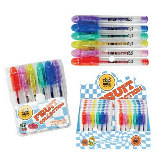 Set di 6 mini penne glitter Tinta Unita Zoo in astuccio con clip