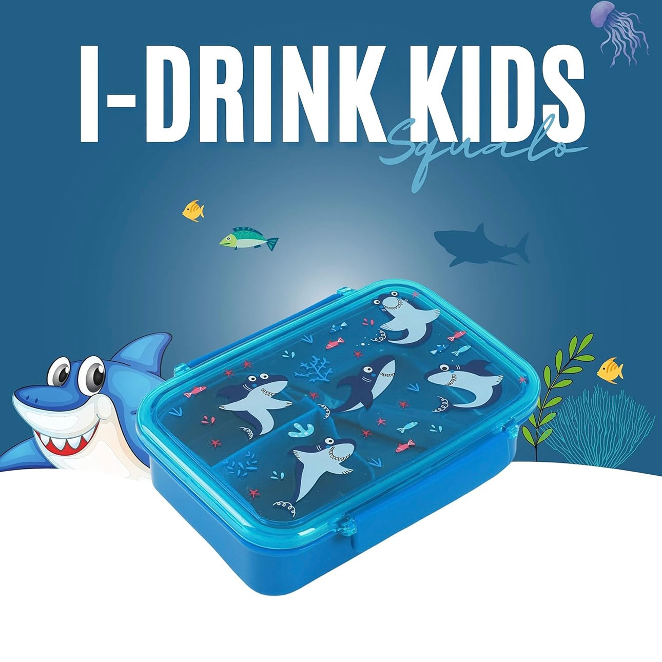 IDRINK®- Lunch box con divisorio, forchetta e cucchiaio Shark
