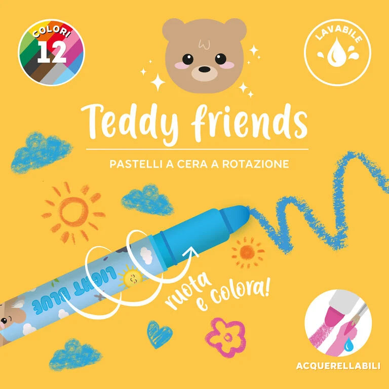 Set di 12 Pastelli a Cera a Rotazione - Teddy Friends