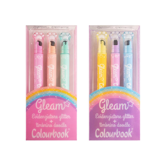 Set 3 evidenziatori glitterati con timbrino – Gleam COLOURBOOK